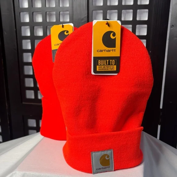 🟧NEW Two Carhartt Neon Orange Knit Beanies Hat A18 Cuffed Acrylic Watch Cap🟧 - Picture 1 of 9